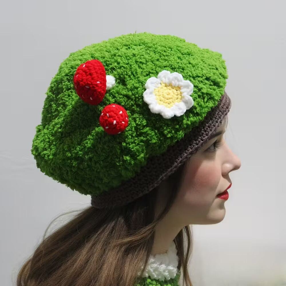 Handmade Cottage Core Cute Unique Green Mushroom Beret Hat